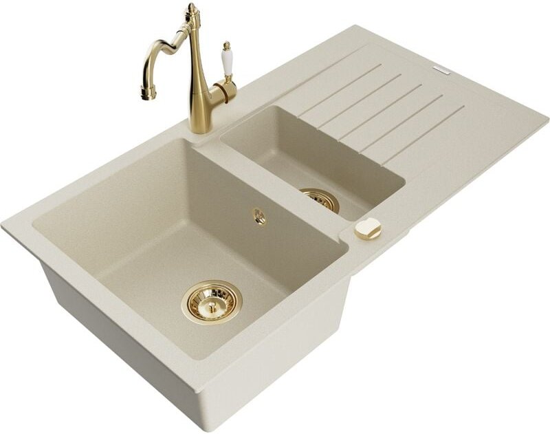 Matias 1,5-Becken-Granitspüle mit Abtropffläche und Mischbatterie Carla, Beige - 6502-69-67070 - Mexen