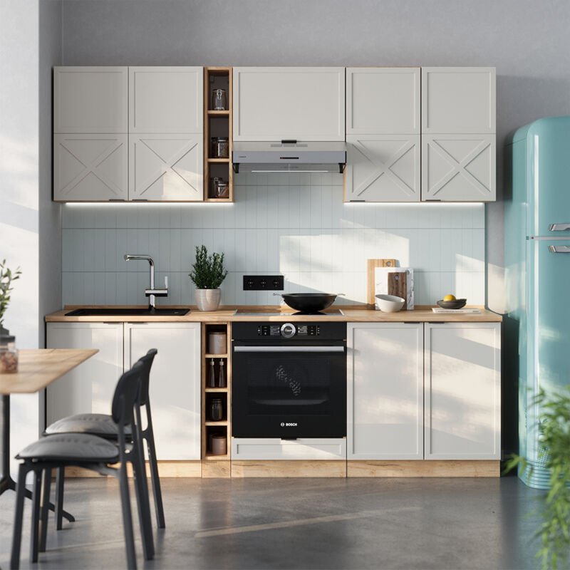 Küchenzeile Fame-Line, GrauBeige/Goldkraft Eiche, 235 cm , AP Marmor, Vicco