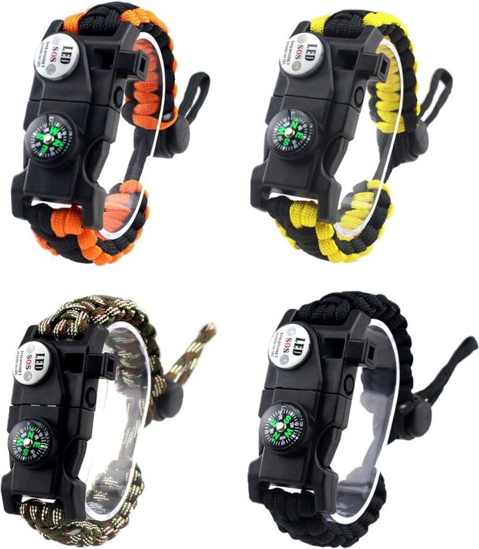 Berlebensarmbänder (4er-Pack) Wanderausrüstung Wildcamping-Ausrüstungsset Notfall-Überlebensset mit Feueranzünder, Erste...