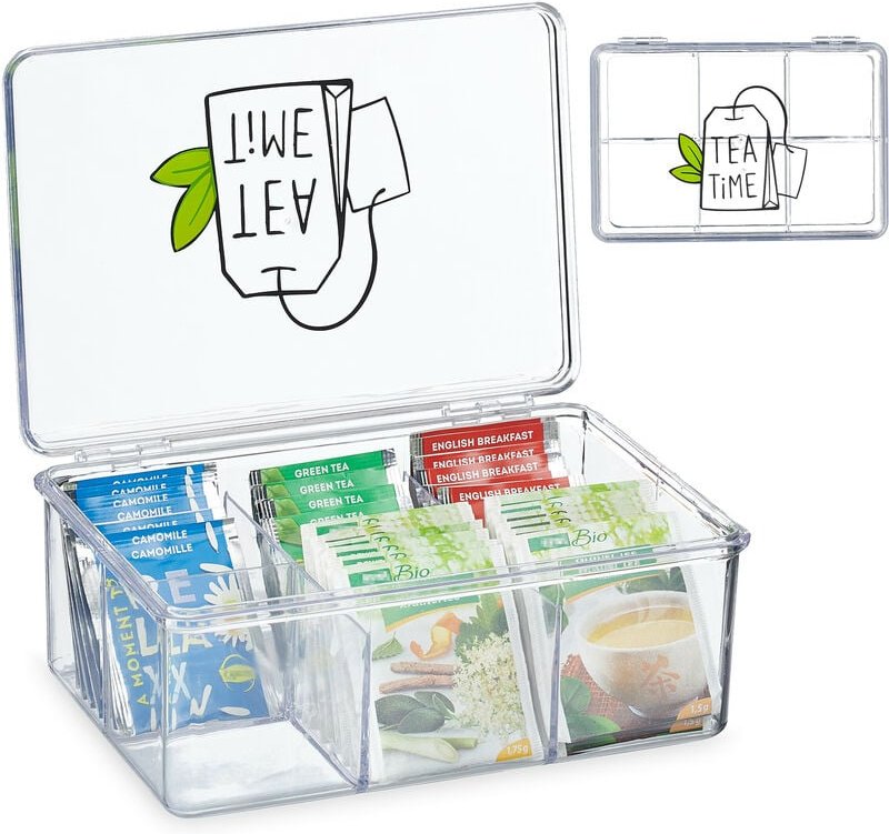 Relaxdays Teebox, Kunststoff, 6 Fächer, Teekasten mit Deckel, HBT: 9 x 21,5 x 15 cm, Teebeutel Aufbewahrung, transparent