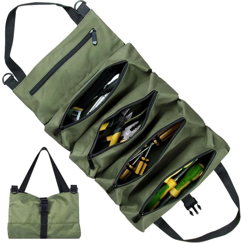 Thumbnail - Aufrollbare Werkzeugtasche aus Segeltuch, Multifunktions-Werkzeugtasche aus Segeltuch mit 5 Reißverschlusstaschen, für E...