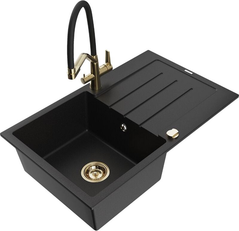 Bruno 1 Becken-Granitspüle mit Abtropffläche und Mischbatterie Duo, Schwarz - 6513-77-671701-5 - Mexen