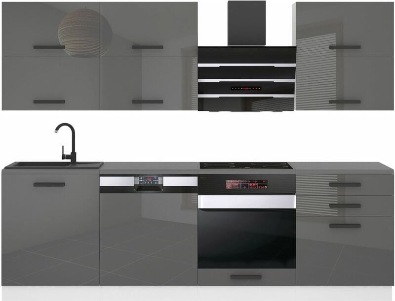 Küchenzeile Küchenblock Madison - Küchenmöbel 240 cm Einbauküche Vollausstattung ohne Elektrogeräten mit Hängeschränke u...