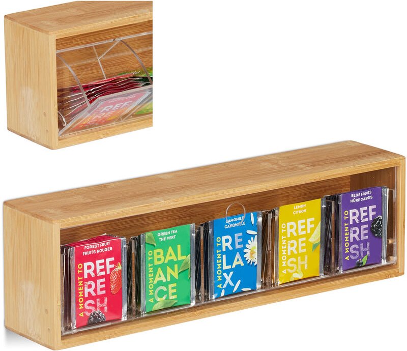 Relaxdays Teebox Bambus, 5 Fächer für 50 Teebeutel, mit Kippdeckel, zum Aufhängen, Aromaschutz, HBT 11,5x39x8 cm, natur