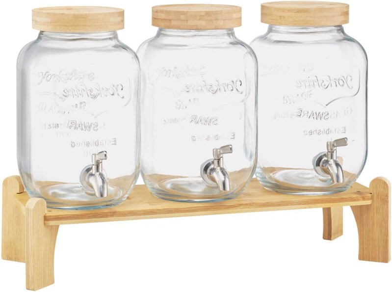 Thumbnail - Mophorn Getränkespender (3 x 3,8 L) aus Glas mit tropfsicherem Zapfhahn und Holzständer – Ideal für Partys, Restaurants ...