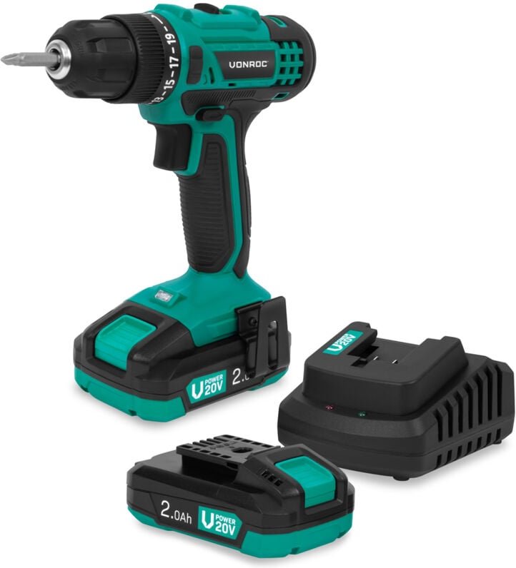 Akku-Bohrschrauber 20V – 19 Drehmomentstufen + Bohrmodus – inkl. 2 Bits – inkl. 2x 2.0Ah Akkus & Ladegerät - Vonroc