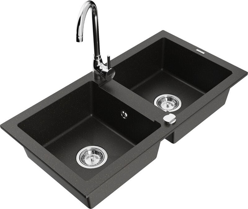 Mario 2-Becken-Granitspüle mit Mischbatterie Telma, Schwarz/Gold - 6504-75-670200-00 - Mexen