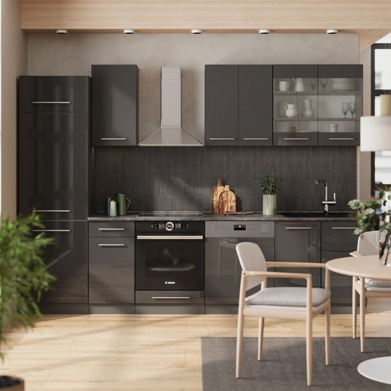 Küchenzeile Fame-Line, Anthrazit Hochglanz, 300 cm , AP Anthrazit, Vicco