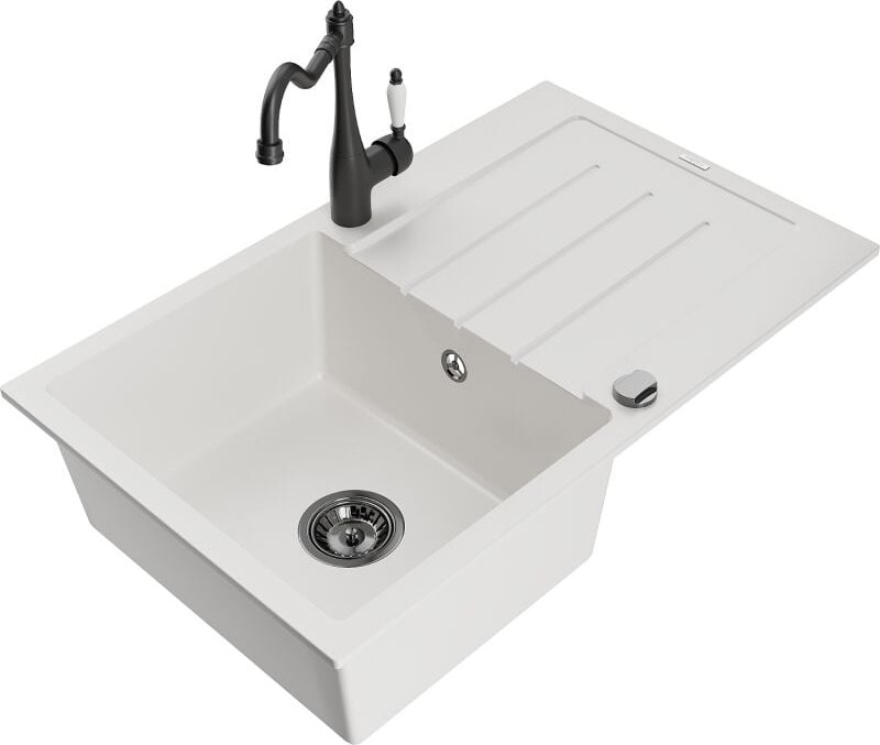 Bruno 1 Becken-Granitspüle mit Abtropffl√§che und Mischbatterie Carla, Wei√ü - 6513-20-670700-70 - Mexen