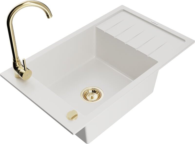 Elias 1 Becken-Granitspüle mit Abtropffläche und Mischbatterie Telma, Weiß - 6511-20-670200-50 - Mexen