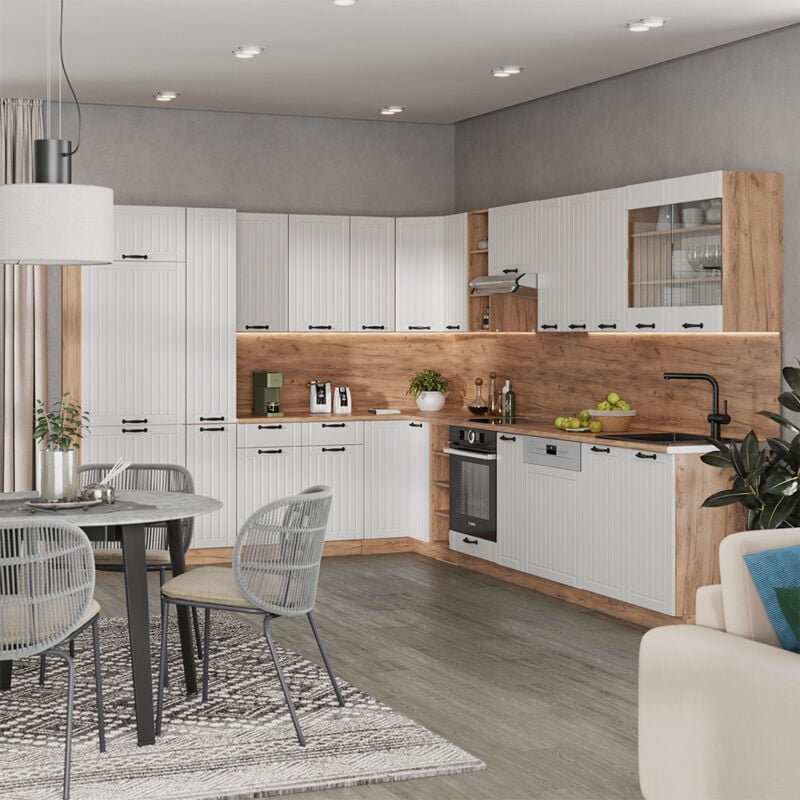 Eckküche Fame-Line, Weiß Landhaus, 347 x 60 cm , AP Marmor, Vicco