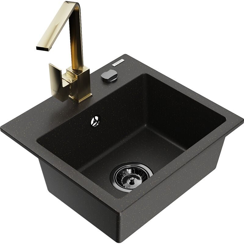 Mexen Milo 1-Becken-Granit-Spüle mit Mischbatterie Rita, Schwarz/Gold metallisch - 6505-75-670300-50