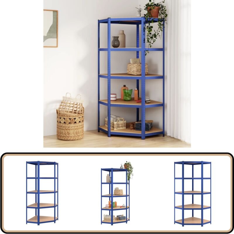 Eckregal mit 5 Böden Blau Stahl & Holzwerkstoff - Eckregal - Industrielles Regal - Metallregal - Lageregel - Werkzeugsch...