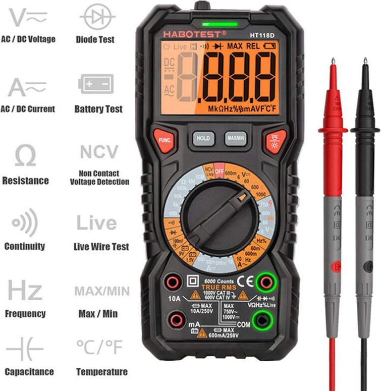 Multimètre Automatique Numérique trms 6000 Points (Guide de Bornes led), Testeur Electrique Professionnel, Température C...