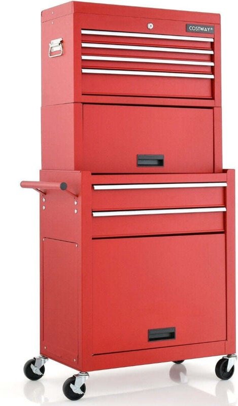 Northix - Abschliebarer 2 in 1 werkzeugtruhe mit hoher kapazitat griff 6 schubladen 4 radern abnehmbare rot