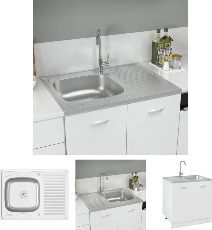 The Living Store Spüle mit Abtropffläche Set Silbern 800x600x155 mm Edelstahl - Küchenspülen & Spülbecken - Silber