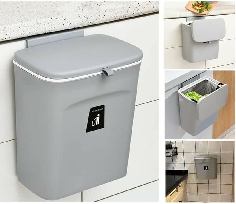Küchenabfalleimer- 9-Liter-Abfalleimer, kleiner Hängeabfalleimer mit Deckel für Bad/Schlafzimmer,(grau)