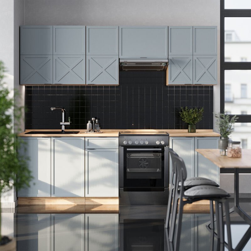 Küchenzeile Fame-Line, Hellblau-grau/Goldkraft Eiche, 240 cm ohne Arbeitsplatte, Vicco