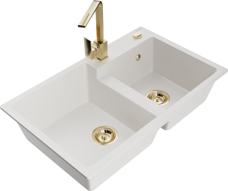 Tomas 2-Becken-Granitspüle mit Mischbatterie Rita, Weiß - 6516-20-670300-50 - Mexen