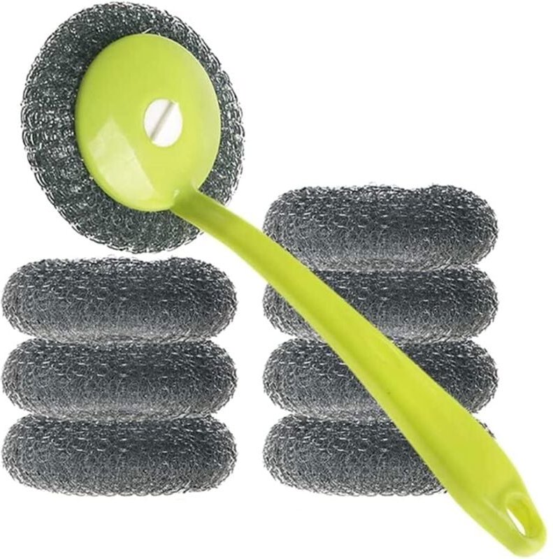 Memkey - Edelstahl-Schrubbschwamm-Set mit Griff, 8 Stück, für Küchenutensilien, Topfbürste, Kochfelder, zum Entfernen vo...