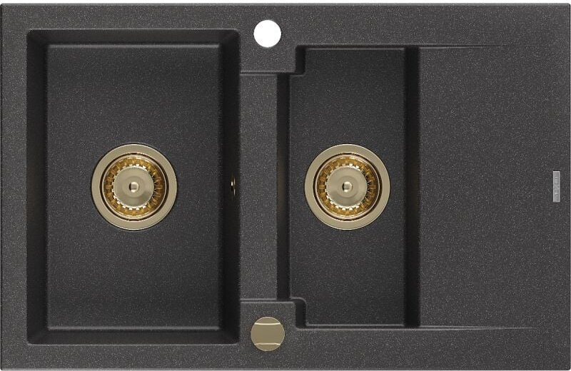 Gaspar 1,5-Becken-Granitspüle mit Abtropffläche 737 x 475 mm, Schwarz gesprenkelt, Siphon Gold - Mexen