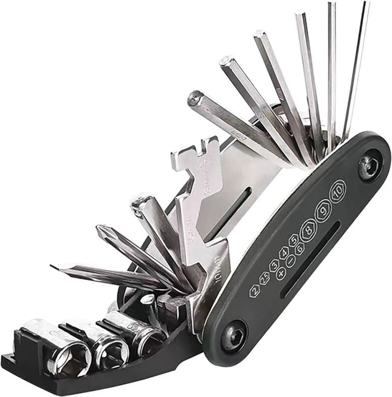 Thumbnail - Sjqka - Fahrradreparatur-Multitool, 16-in-1, faltbares Reparaturwerkzeug-Set, Schwarz