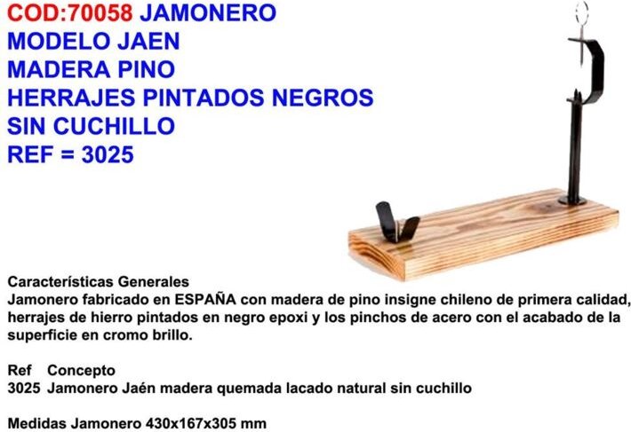 Jaén-Schinkenhalter aus Kiefernholz mit schwarzen Beschlägen ohne Messer 3025