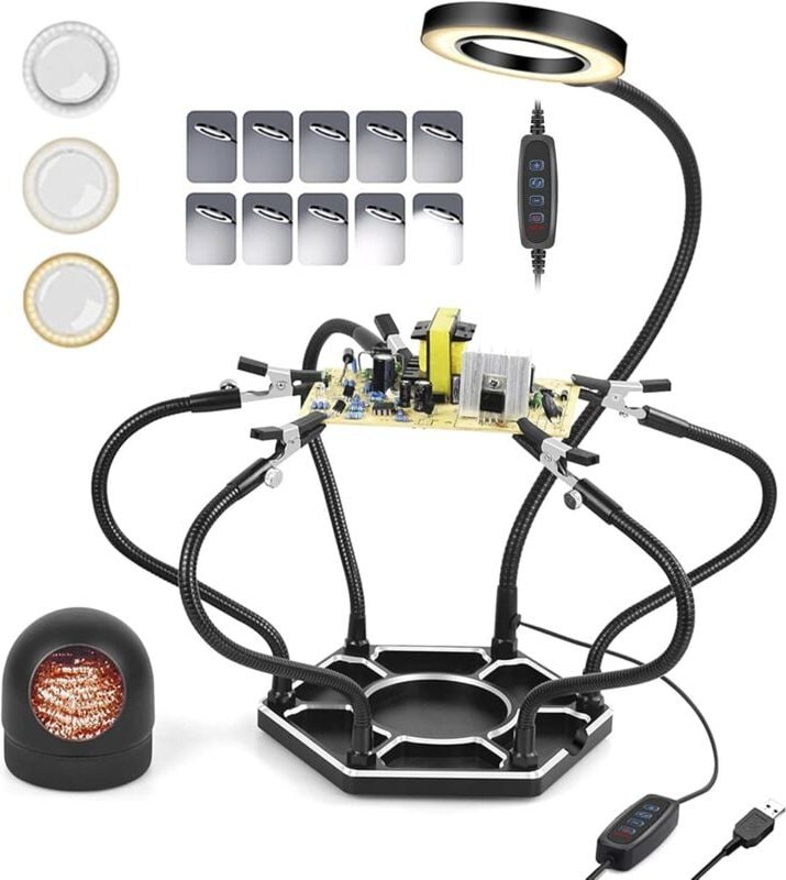 Löten mit dritter Hand, dritte 3. Hand mit 6 verstellbaren flexiblen Armen, 3-fache LED-Lupe für elektronische Reparatur...