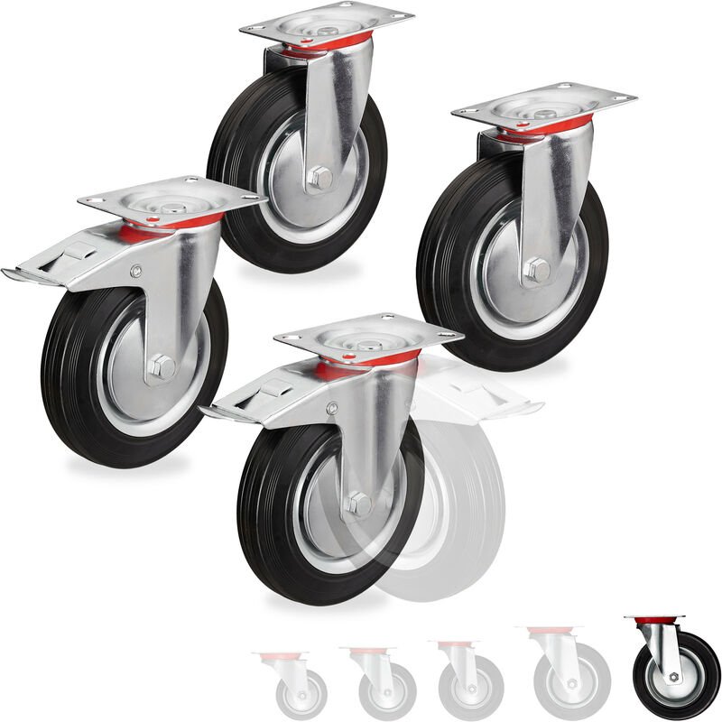 Relaxdays - Schwerlastrollen 4er Set, drehbar, Kugellager, 2 Rollen mit Bremse, Tragkraft bis 800kg, Rad d: 200mm, schwa...