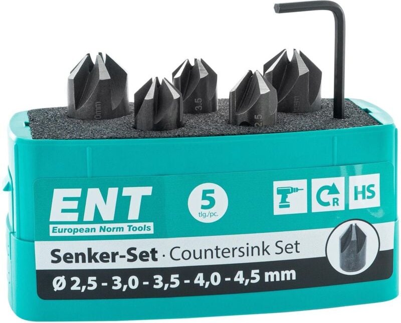 Ent European Norm Tools - ent Kegelsenker Set für Holz & Kunststoff hss-g 90 Grad ø 2,5/3/3,5/4/4,5mm 5-teilig