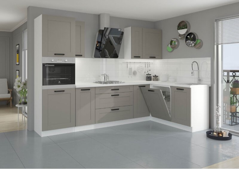 Küchenmöbel-Set Isladora 285 Eckküche mit Hängeschränken Hellgrau Weiß - Furnix