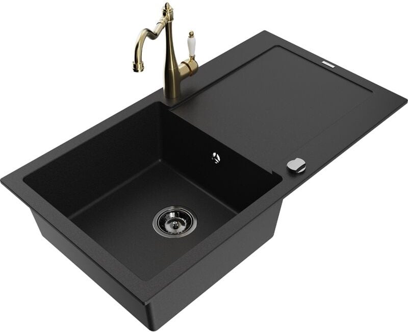 Mexen Leo 1 Becken-Granitspüle mit Abtropffläche und Mischbatterie Carla, Schwarz - 6501-77-670700-5
