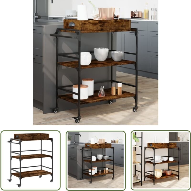 Küchenwagen Räuchereiche 81,5x41x92,5 cm Holzwerkstoff - Küchentisch - Küchenschrank - Servierwagen - Lagertisch - Mobil...