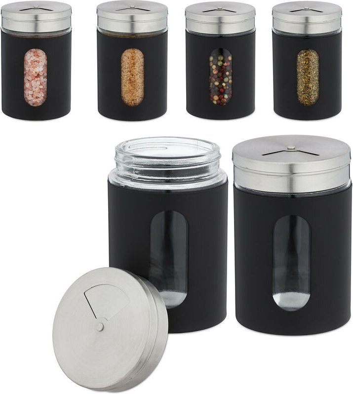 Relaxdays - Gewürzstreuer, 6er Set, 3 Streugrößen, Gewürze & Kräuter, xl Gewürzgläser, 290 ml, Glas & Edelstahl, schwarz