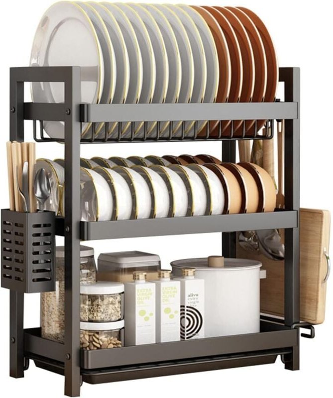 Abtropfkorb für die Spüle, 3-stufiges Abtropfgestell mit Schneidebretthalter, Essstäbchenhalter, Stecker in Schwarz – RW...