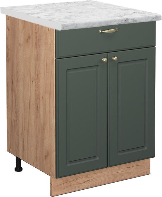 Küchenunterschrank Fame-Line, Grün-Gold Landhaus, 60 cm mit Schublade, ap Marmor Vicco