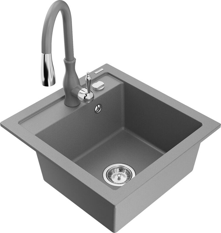 Vito 1-Becken-Granit-Spüle mit Mischbatterie Savita, Grau - 6503-71-672601-71 - Mexen