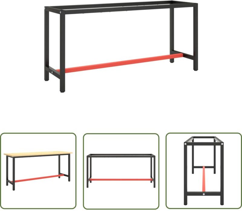 The Living Store Werkbankgestell Mattschwarz und Mattrot 170x50x79 cm Metall - Metall Gestell - Werkbankgestell - Tischg...