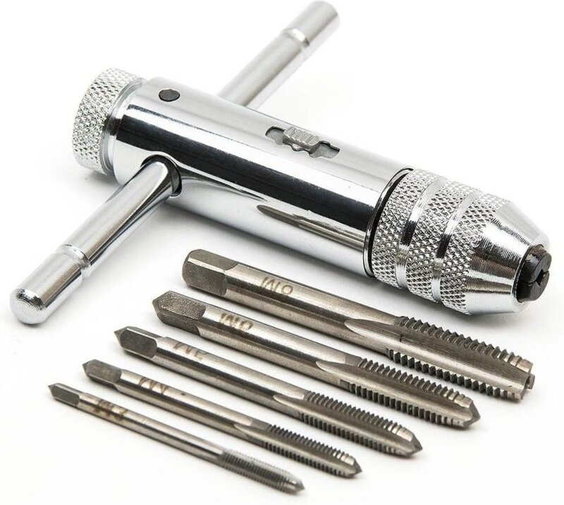 Aougo - T-Griff-Ratschengewindebohrerhalter, verstellbarer Windeisenschlüssel mit 5 Stück M3-M8 3 mm-8 mm metrischem T-f...