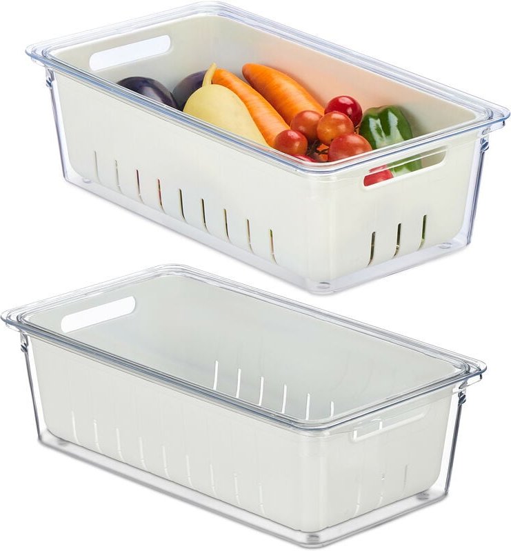 Thumbnail - Relaxdays - Kühlschrank Organizer, 2er Set, stapelbar, Abtropfkorb, Lebensmittel Organizer mit Deckel, transparent/weiß