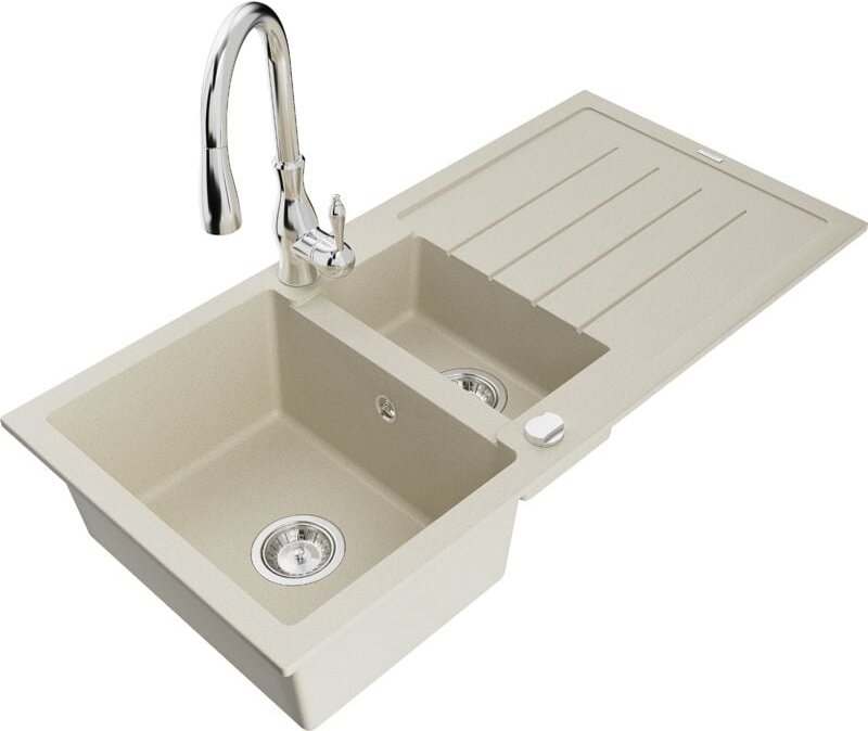 Mexen Andres 1,5-Becken-Granitspüle mit Abtropffläche und Mischbatterie Savita, Beige - 6515-69-6726
