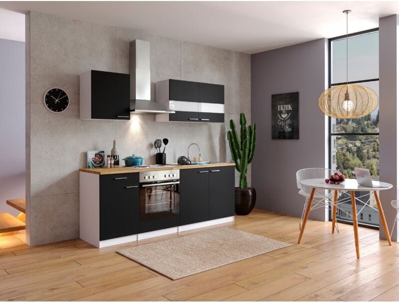 Thumbnail - Küche Küchenzeile Küchenblock Einbauküche Weiß Schwarz Malia 210 cm Respekta