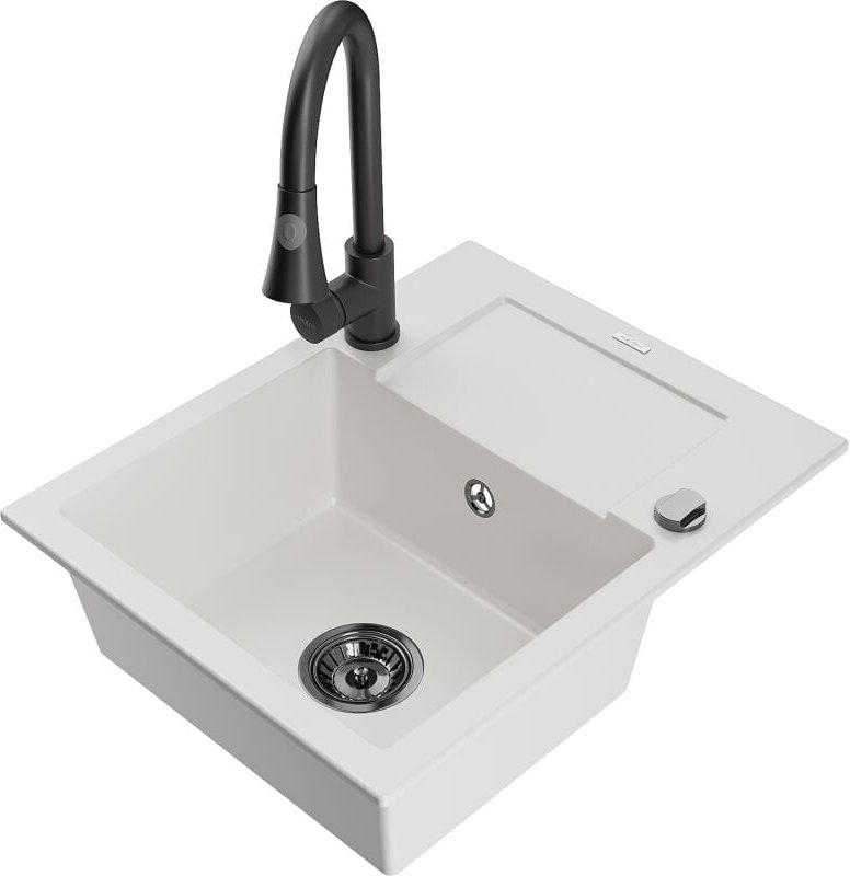 Enzo 1 Becken-Granitspüle mit Abtropffl√§che und Mischbatterie Elia, Wei√ü - 6506-20-670101-70 - Mexen