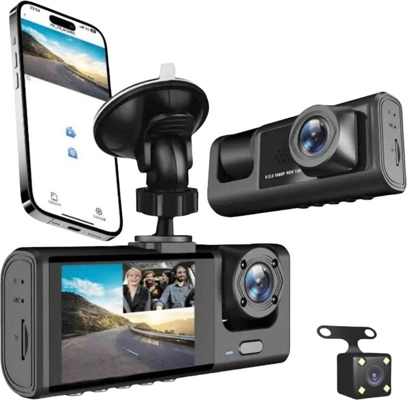 Dashcam 1080P High-Definition-Fahrtenrekorder mit 3 Objektiven, Auto-DVR mit WLAN-App-Steuerung, kann vor dem Auto, hint...