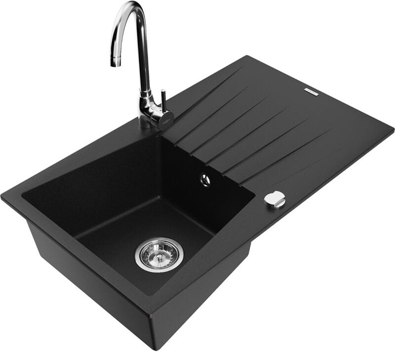 Cesar 1 Becken-Granitspüle mit Abtropffläche und Mischbatterie Telma, Schwarz - 6514-77-670200 - Mexen