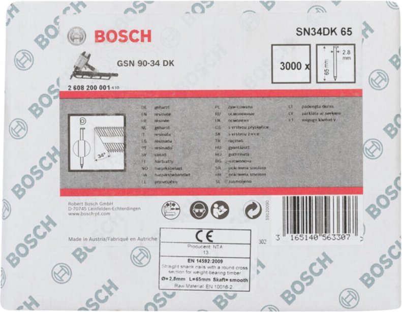 D-Kopf Streifennagel SN34DK 65, 2,8 mm, 65 mm, blank, glatt, 3000er-Pack - Bosch