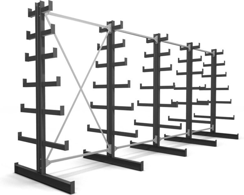 Kragarmregal, doppelseitig, 4 Felder mit 6 abstiegenden Ebenen, BxHxT 5200x2000x500mm, Regalsystem mit 6 nach oben verjü...