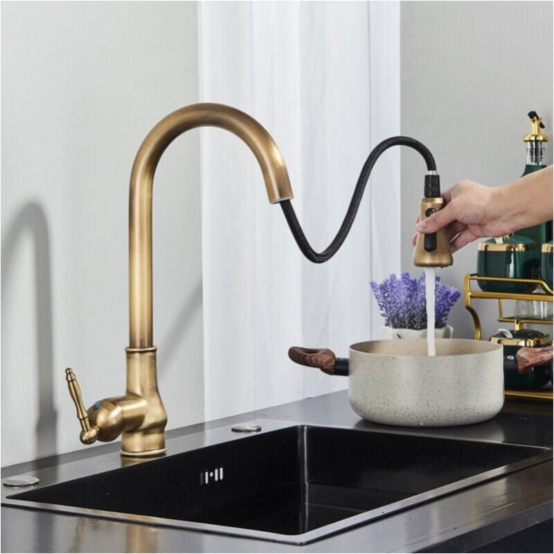 Retro-Küchenarmatur zum Herausziehen, Waschbecken aus Messing und Edelstahl 304, herausziehbare Küchenarmatur, 3 Funktio...