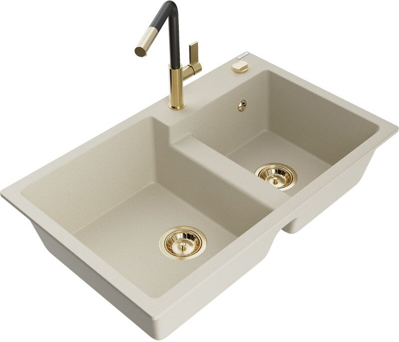 Tomas 2-Becken-Granitspüle mit Mischbatterie Flora, Beige - 6516-69-670401-57-G - Mexen