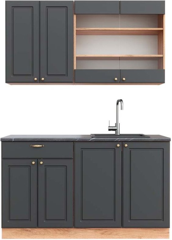 Vicco - Singleküche Fame-Line, Anthrazit Landhaus/Goldkraft Eiche, 140 cm , ap Anthrazit